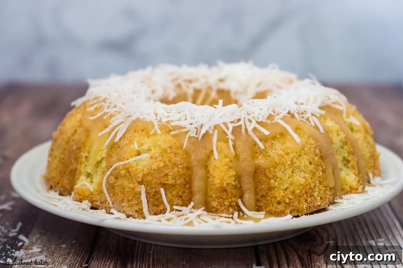 Bahamian rum cake: a buttery bundt cake with rum sauce and toasted coconut