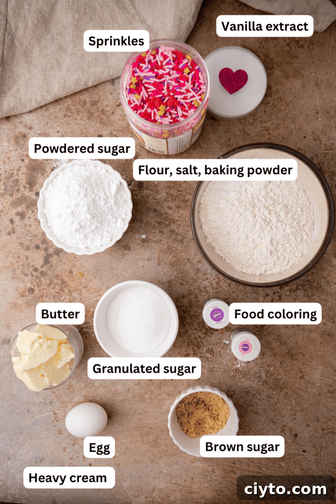 Ingredients including flour, butter, sugar, egg, sprinkles, and food coloring
