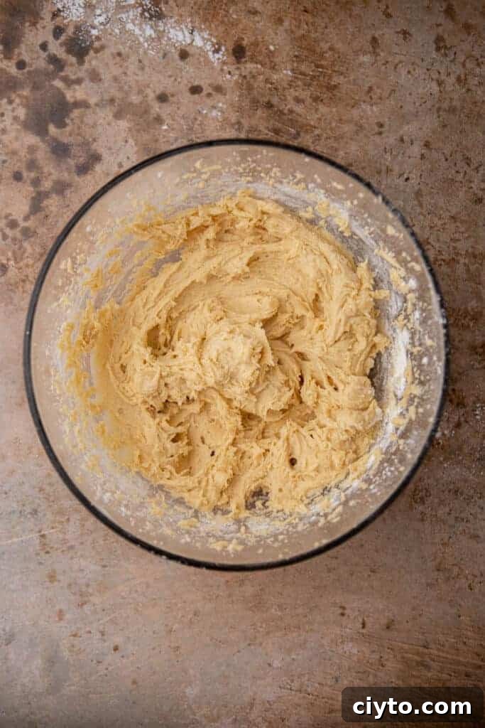 Fully mixed cookie dough in a glass bowl