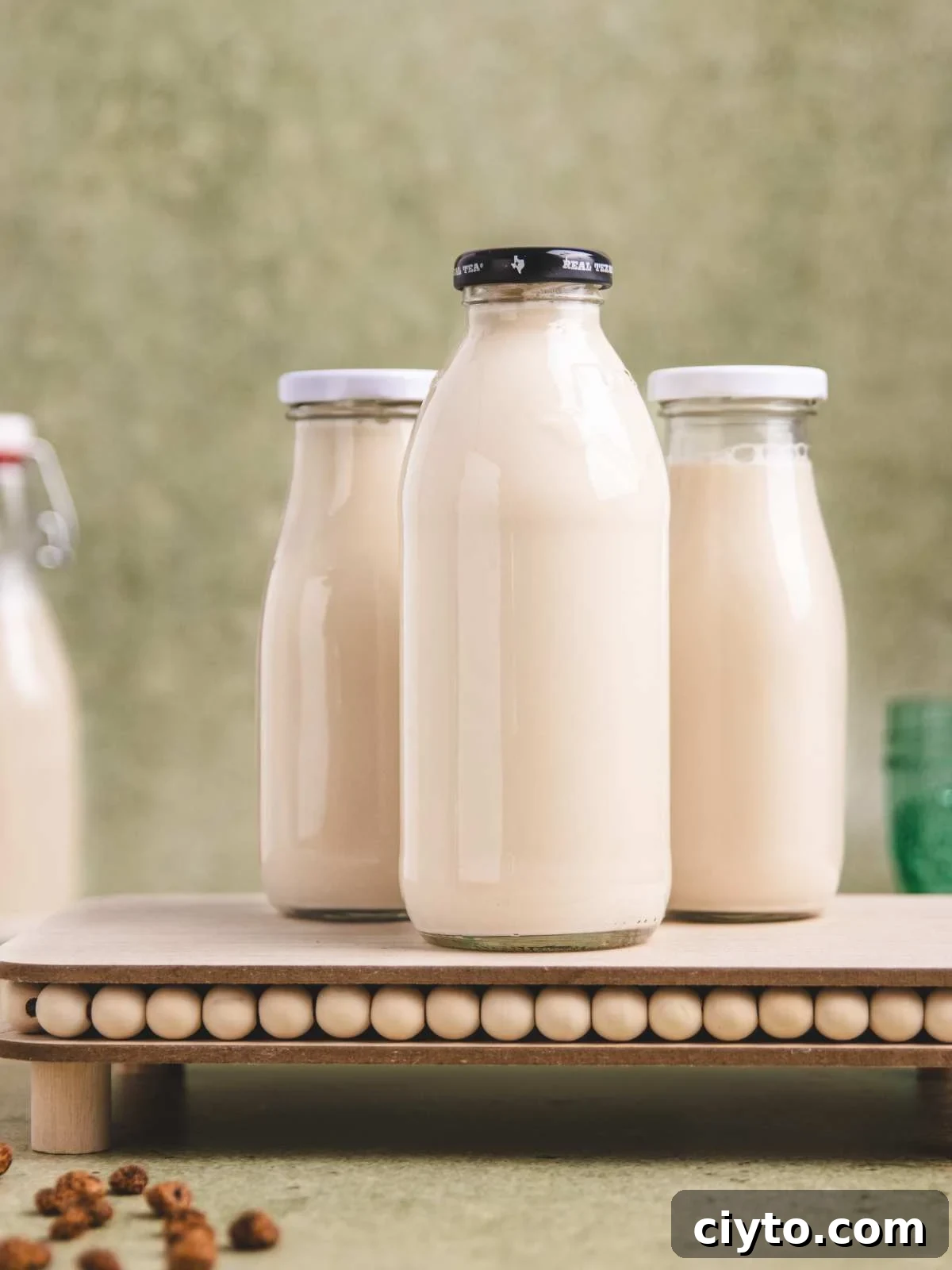 Tiger nut milk in a bottle.