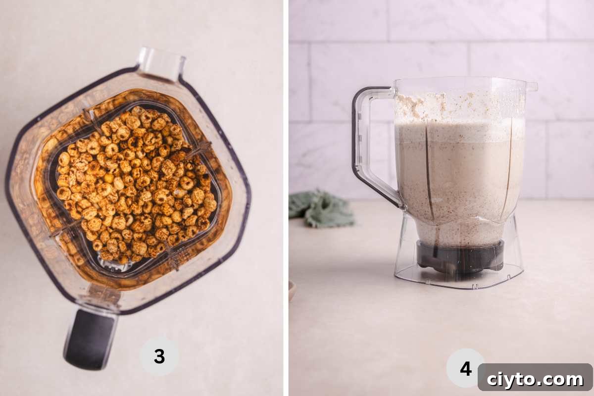 Blending the nut milk and showing the creamy liquid.