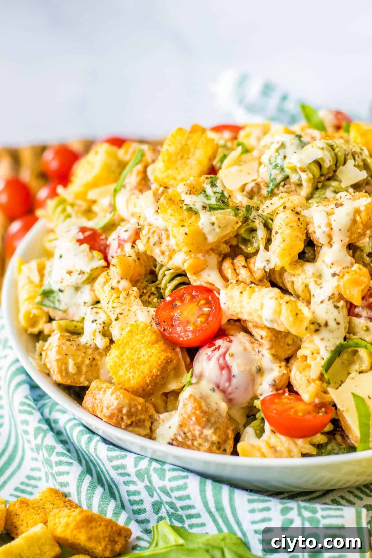 Chicken Caesar Pasta Salad Recipe with Crispy Croutons 3 Bowl of chicken caesar pasta salad.