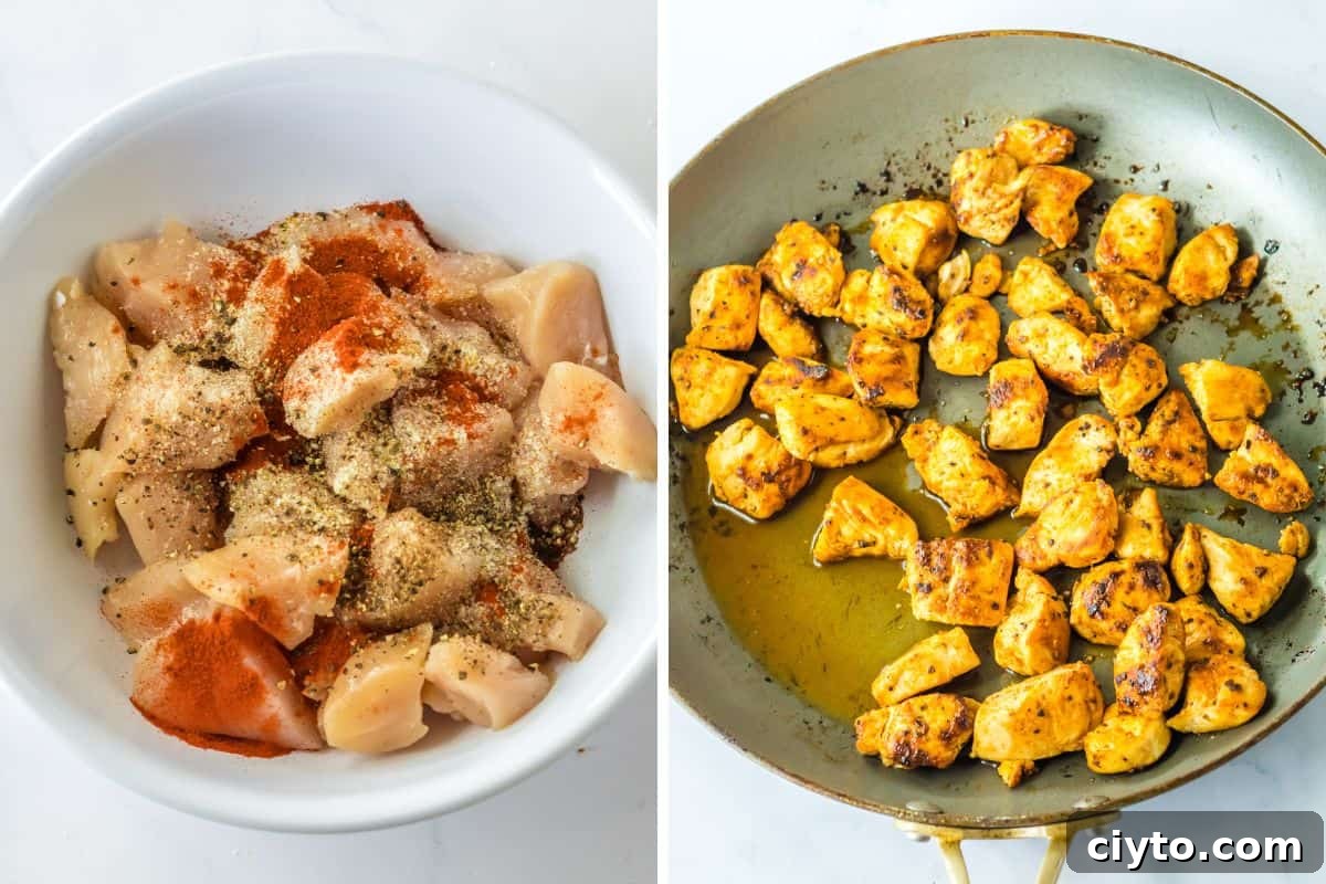 Chicken Caesar Pasta Salad Recipe with Crispy Croutons 5 Two image collage of chicken breasts pieces seasoned and seared in a pan.