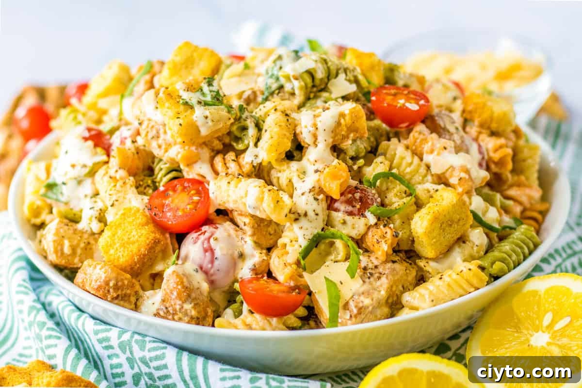 Chicken Caesar Pasta Salad Recipe with Crispy Croutons 9 Caesar pasta salad with chicken.