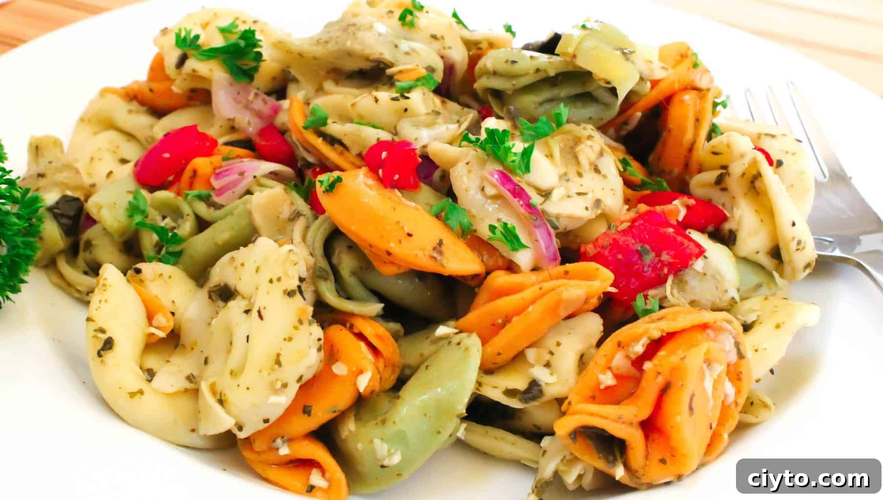 Tortellini Pasta Salad Recipe 2 Tortellini Pasta Salad in a white bowl