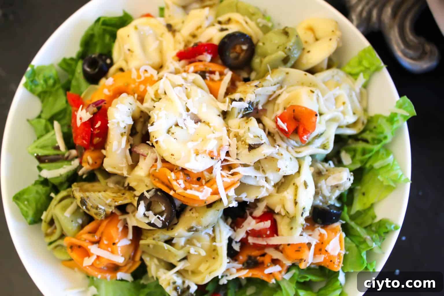 Tortellini Pasta Salad Tortellini Pasta Salad in a white bowl on a bed of green lettuce