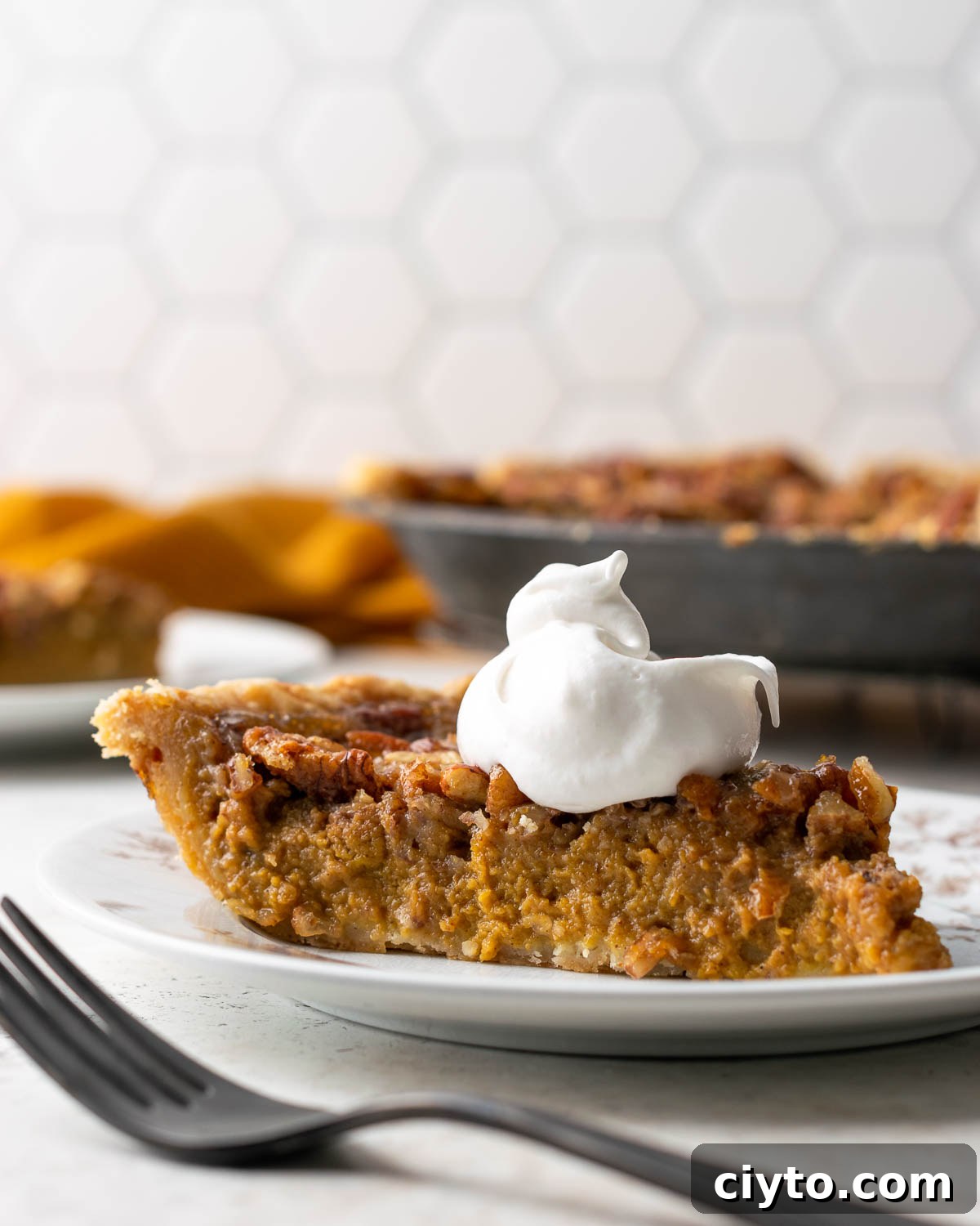 How to Make a Flaky Gluten-Free Pie Crust 19 A slice of gluten free pumpkin pecan pie topped with whipped cream.