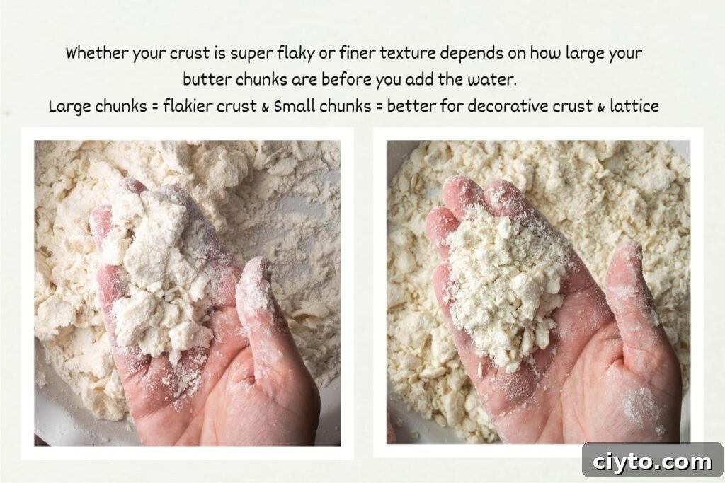 How to Make a Flaky Gluten-Free Pie Crust 20 A closeup photo showing two different pie doughs with the butter chunk size indicated.