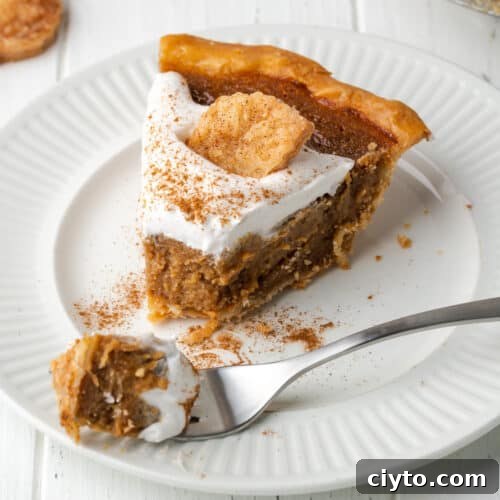 A slice of apple butter pie on a white plate.