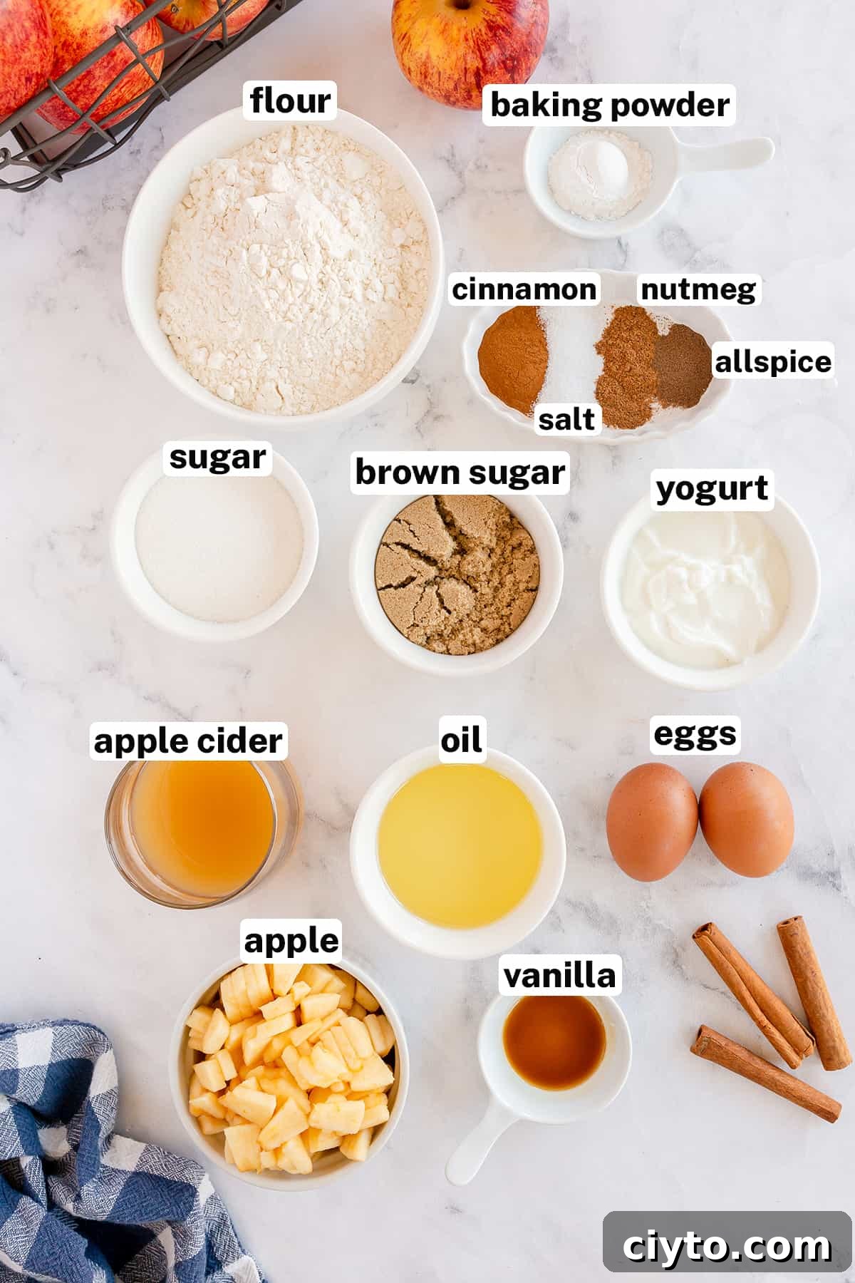 Apple Cider Coffee Cake ingredients with overlay text.