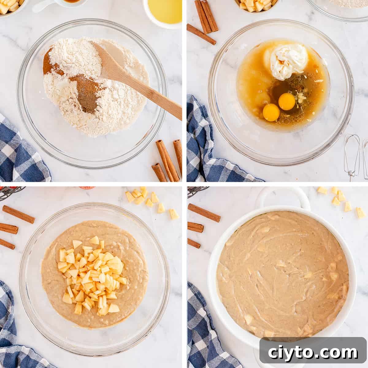 Cake batter is combined in a bowl and apples are added.