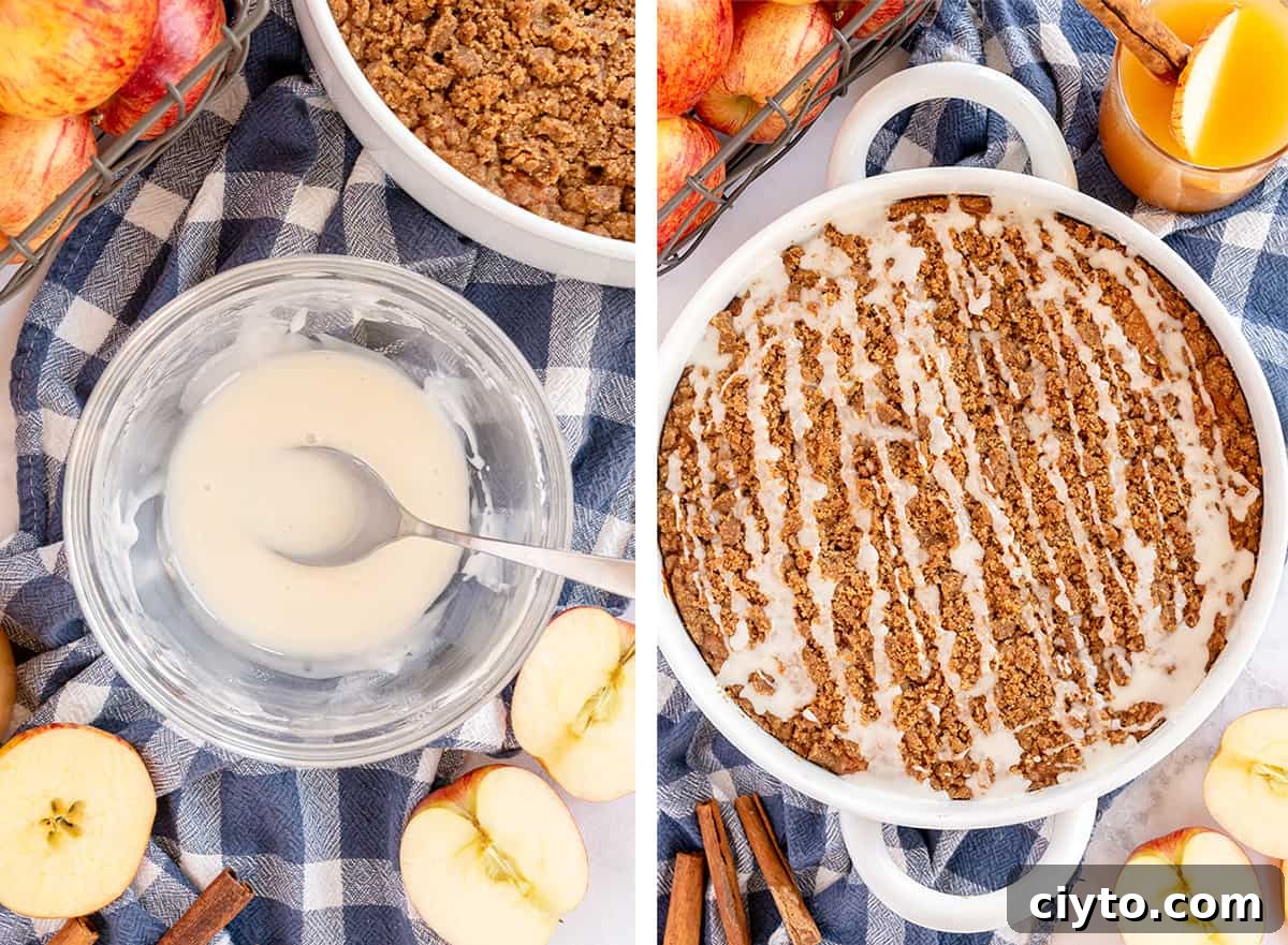 Icing in a bowl and drizzled over coffee cake in a baking dish.