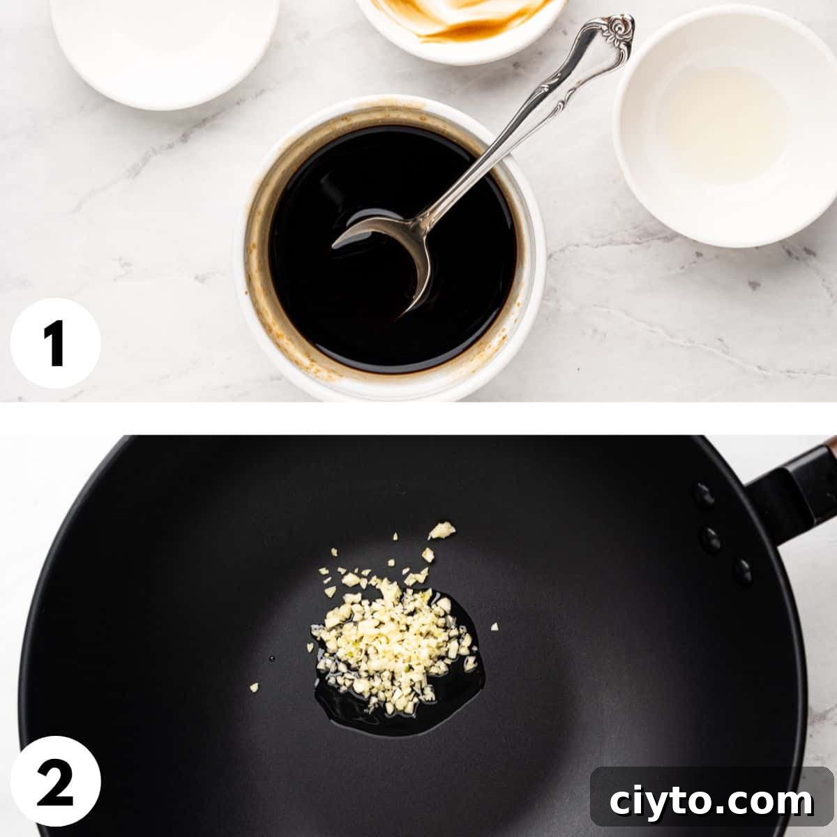Process of making sauce in a bowl, setting it aside and sautéing garlic.