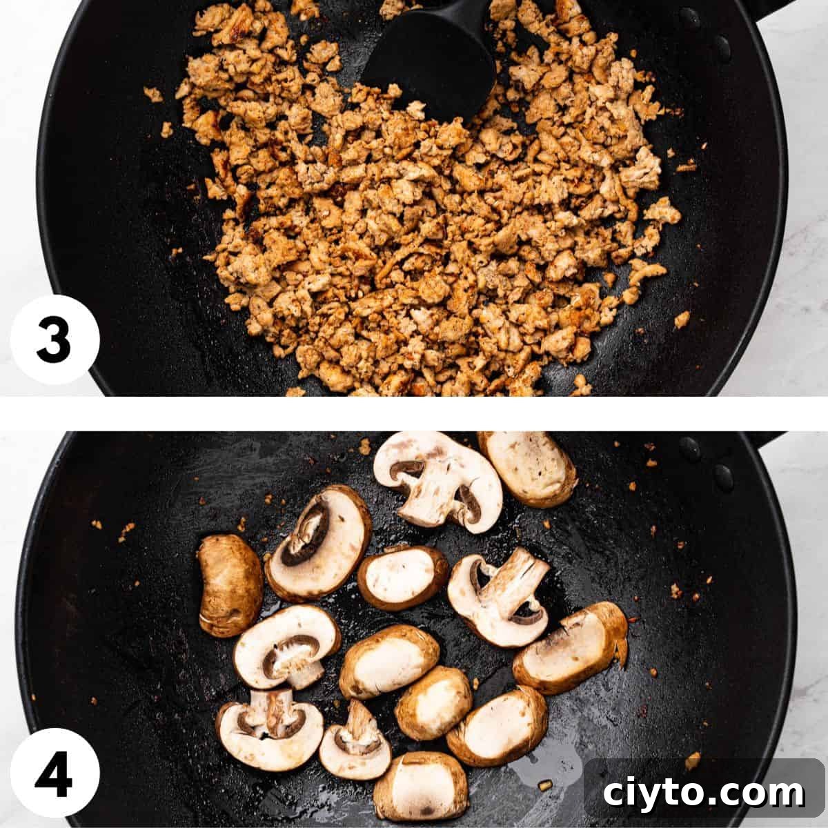 Process of browning chicken and sautéing mushrooms.