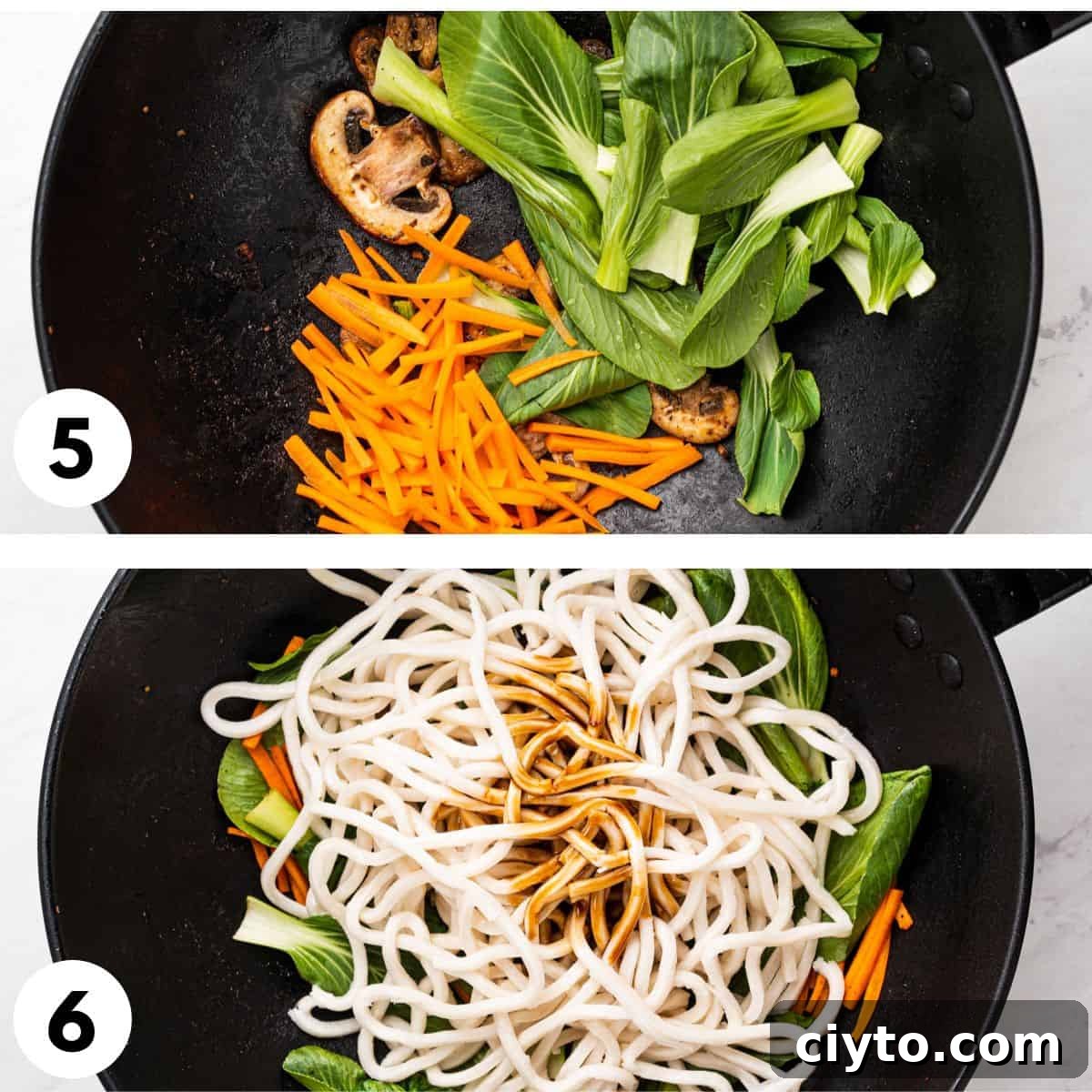Process of stir frying vegetables, udon noodles, and sauce in wok.