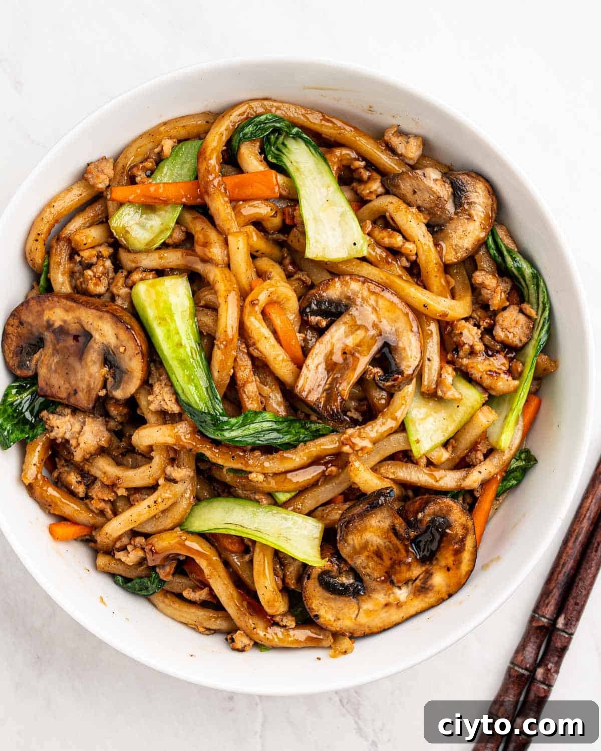 Bowl of yaki udon with chicken, mushrooms, bok choy, and carrots.