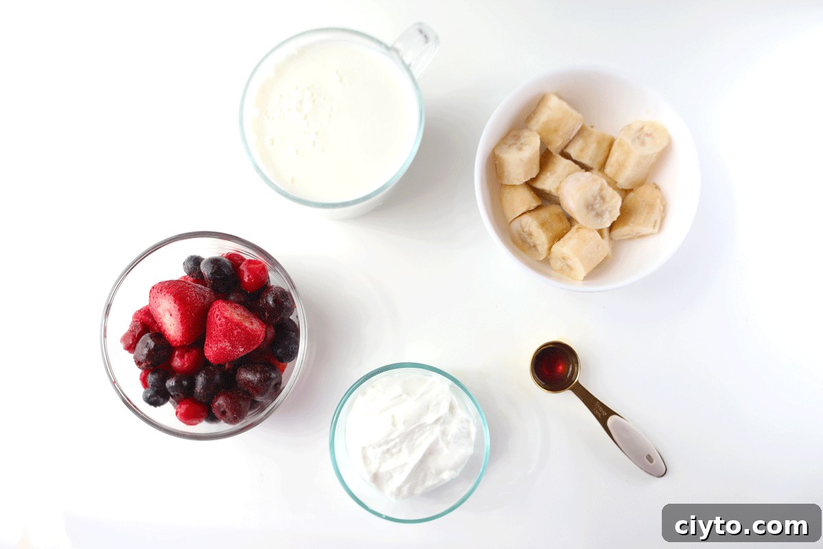 Ingredients for a yogurt smoothie laid out: yogurt, frozen berries, frozen bananas, milk and vanilla.