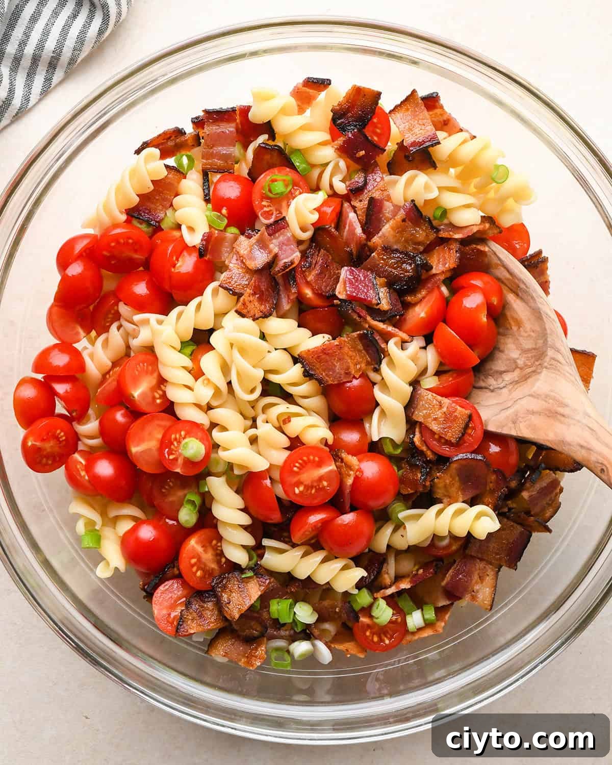 BLT Pasta Salad Recipe with Bacon, Tomato and Lettuce 14 after stirring ingredients together