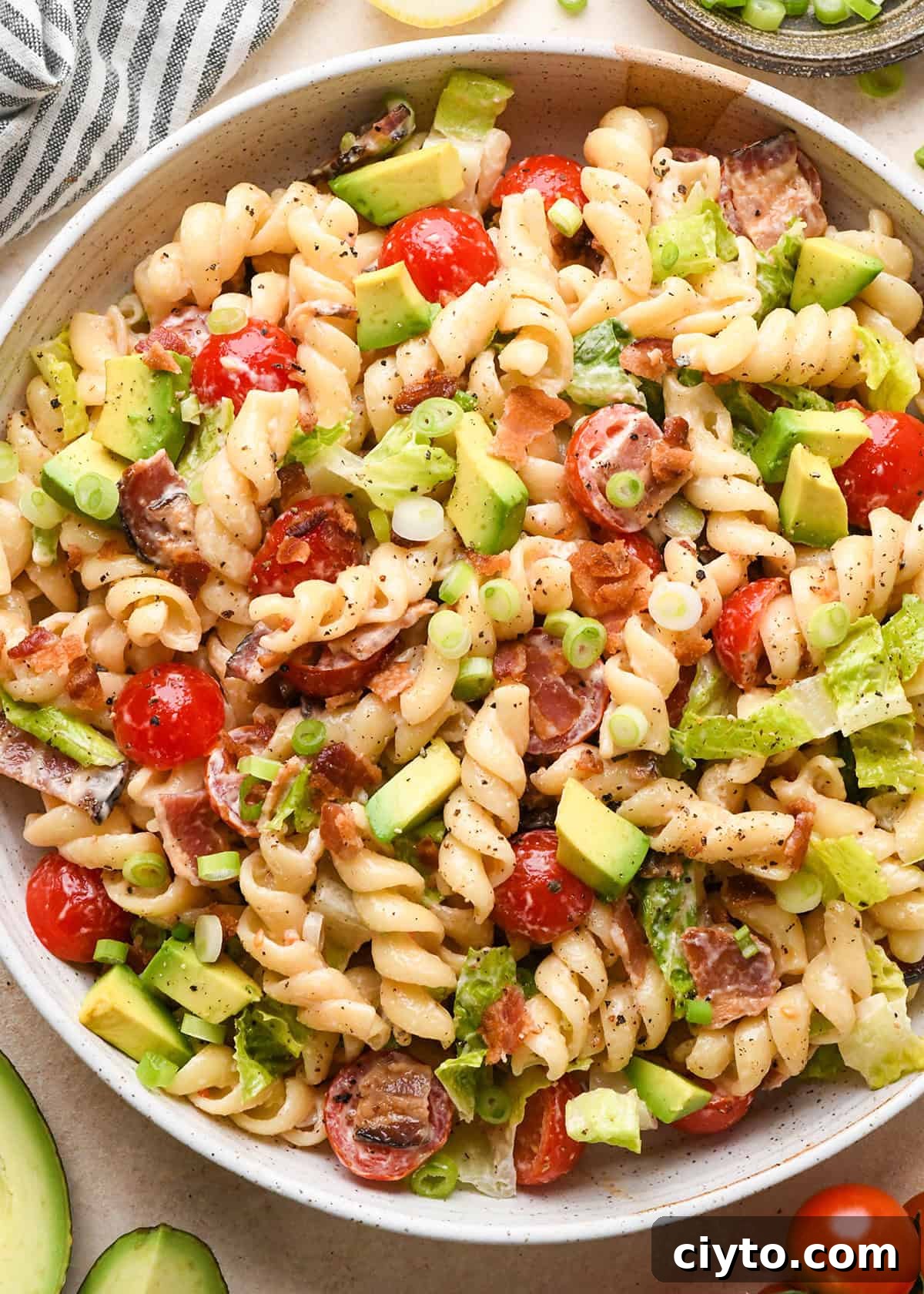 BLT Pasta Salad Recipe with Bacon, Tomato and Lettuce 3 BLT Pasta Salad in a bowl