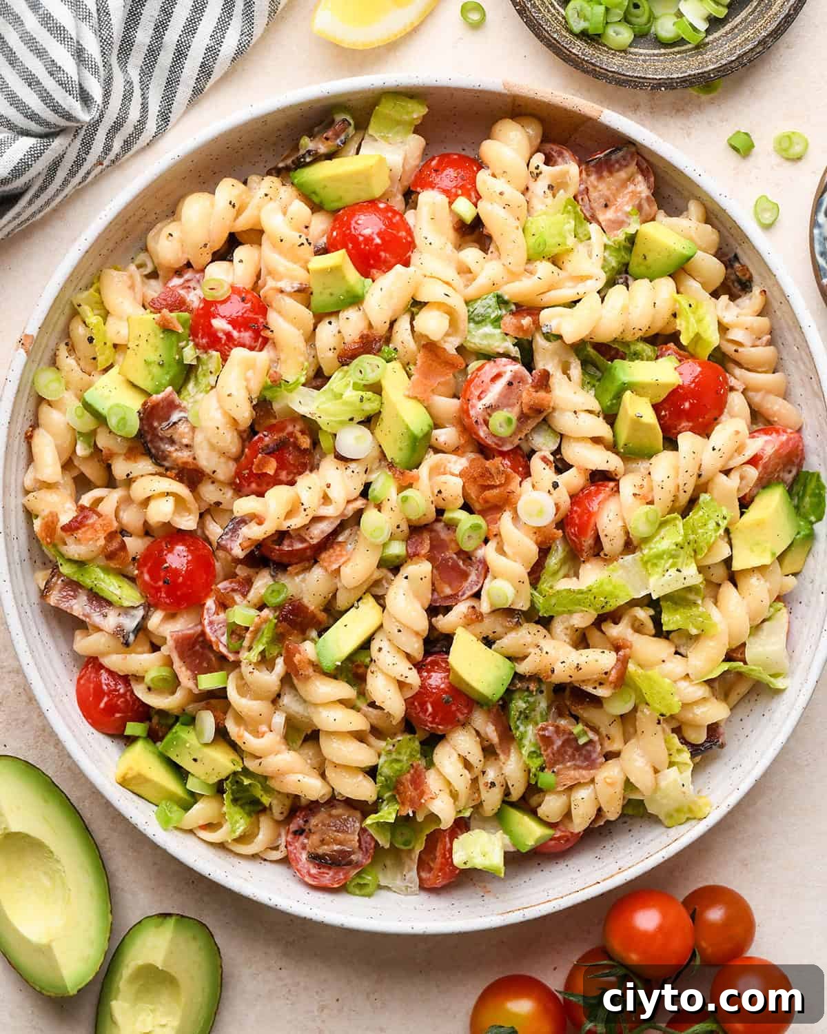 BLT Pasta Salad Recipe with Bacon, Tomato and Lettuce 17 BLT Pasta Salad in a serving bowl