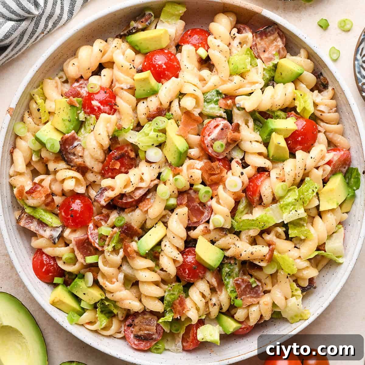 BLT Pasta Salad Recipe with Bacon, Tomato and Lettuce 19 BLT Pasta Salad in a bowl
