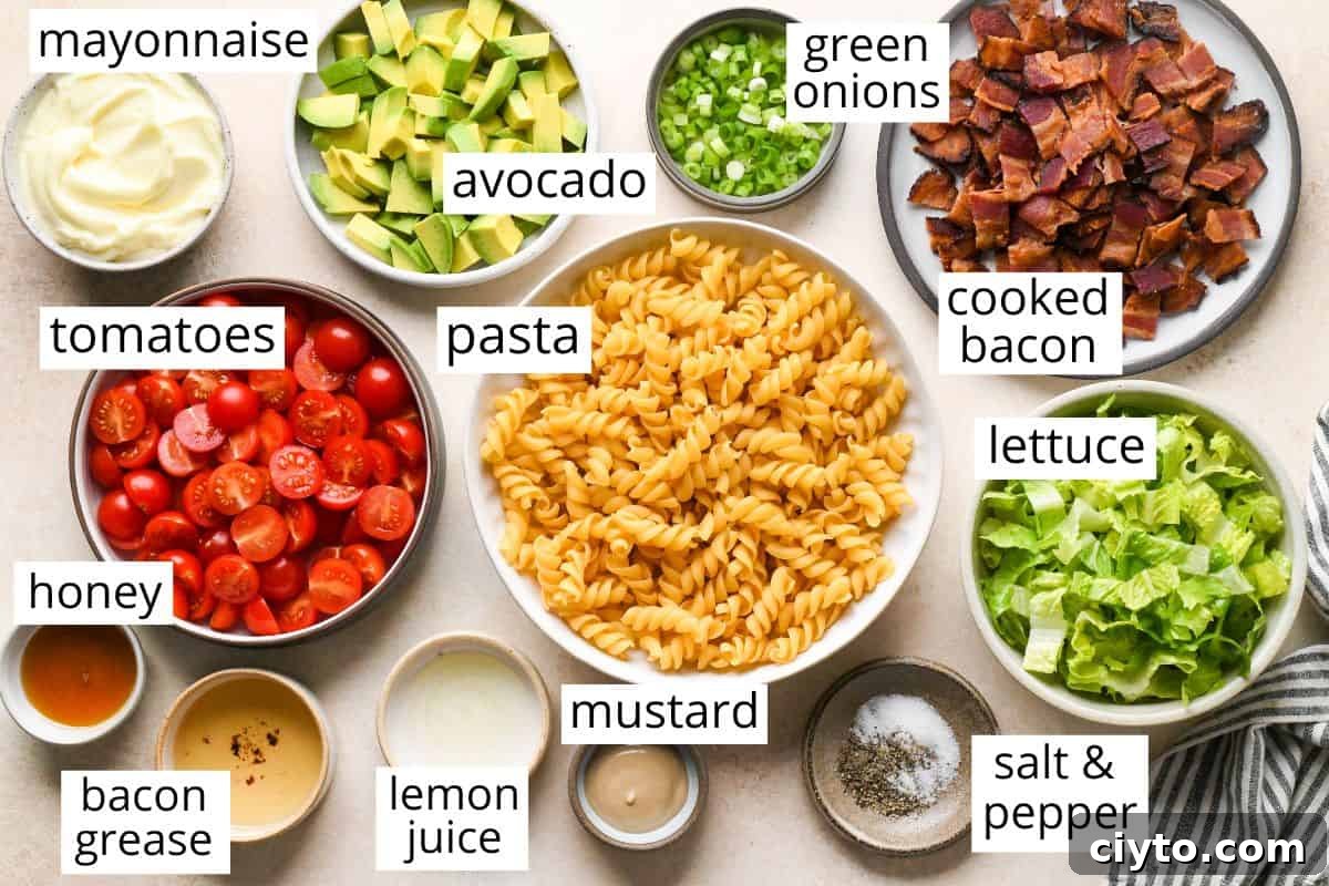 BLT Pasta Salad Recipe with Bacon, Tomato and Lettuce 4 overhead photo of the labeled ingredients in this BLT Pasta Salad recipe