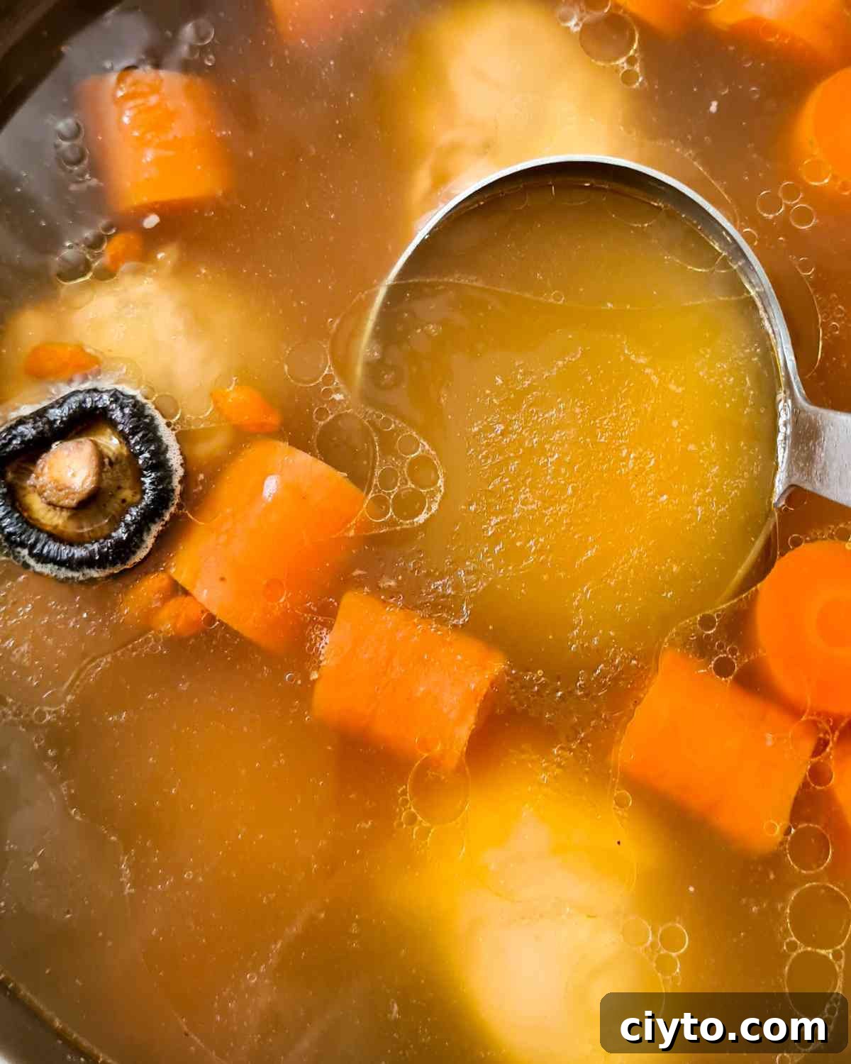 close up of a pot of clear soup with a ladle