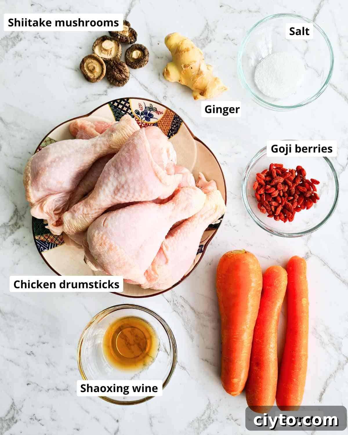 Ingredients required to make chinese chicken soup with labels
