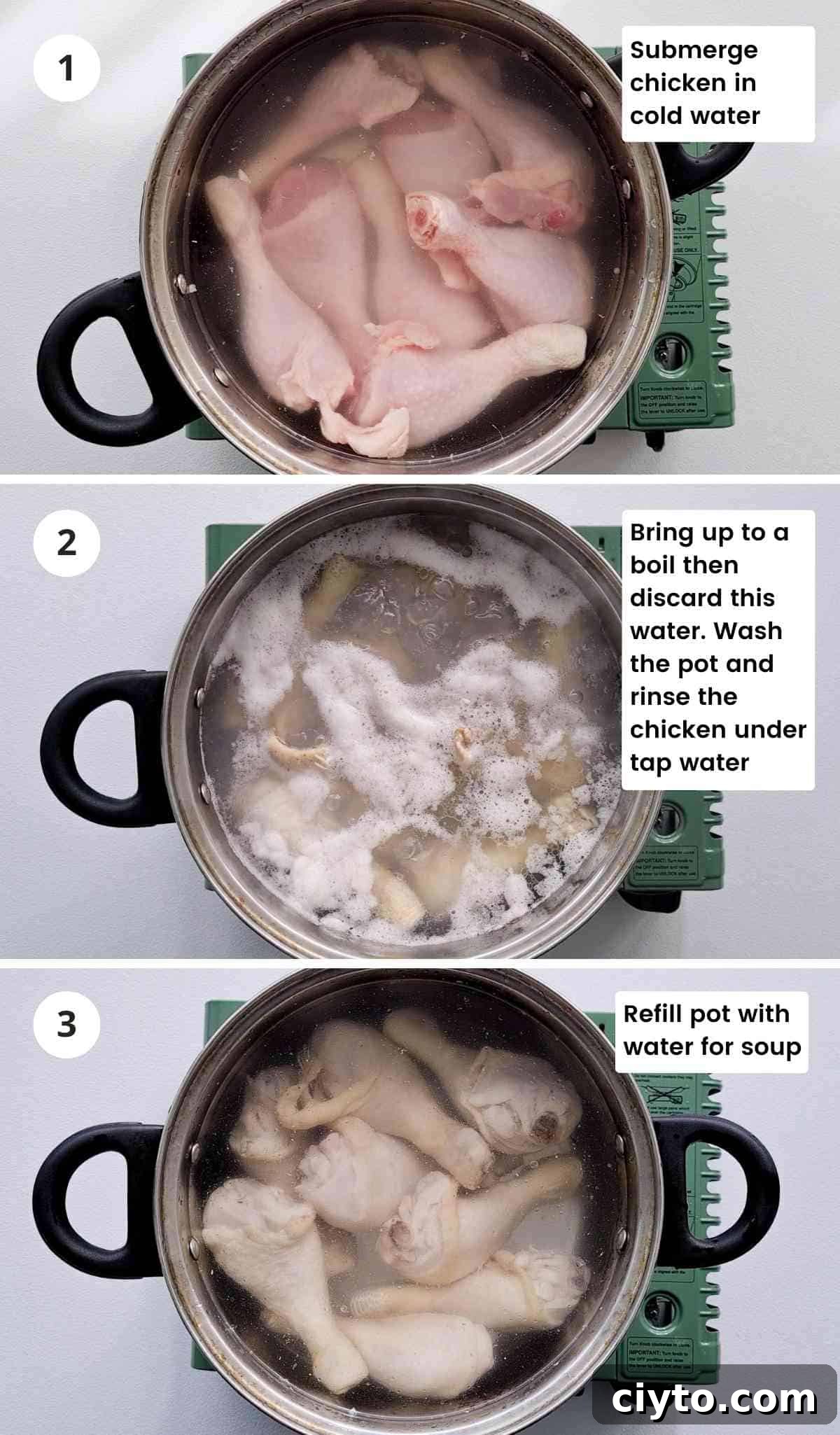 3 step collage of making chinese chicken soup with captions