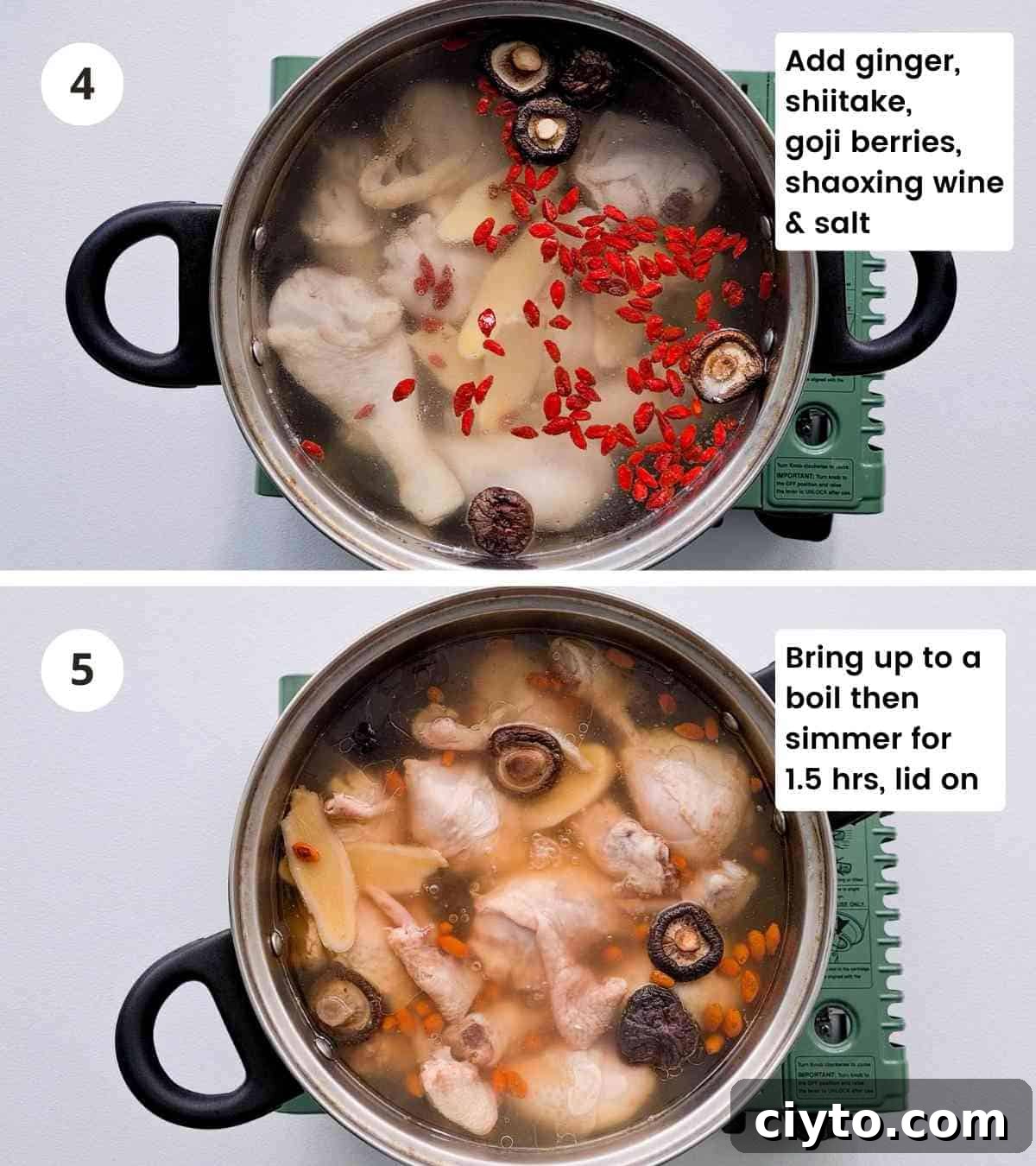 2 step collage of making clear chicken soup with captions