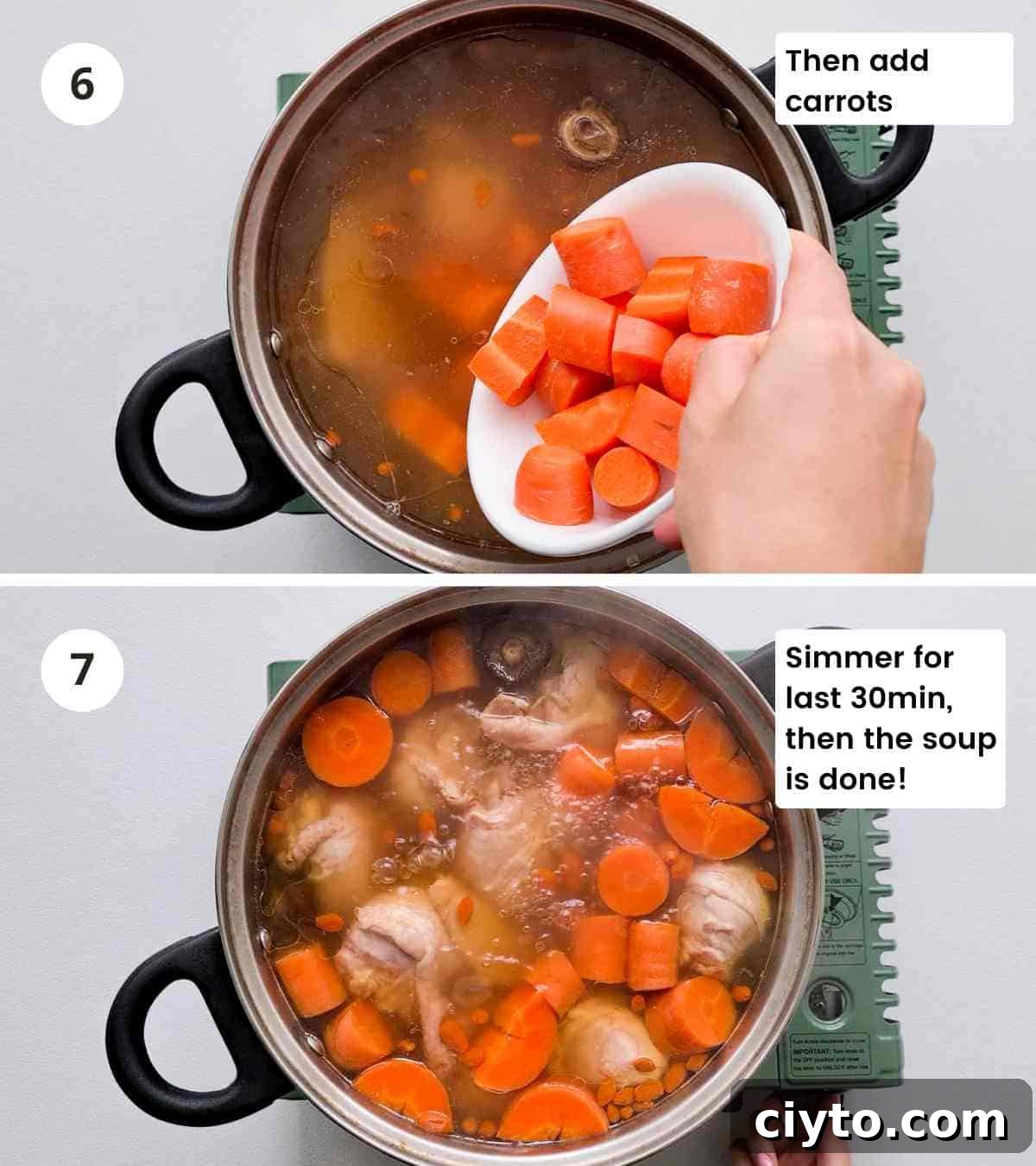 2 step collage of finishing off the chicken soup with captions