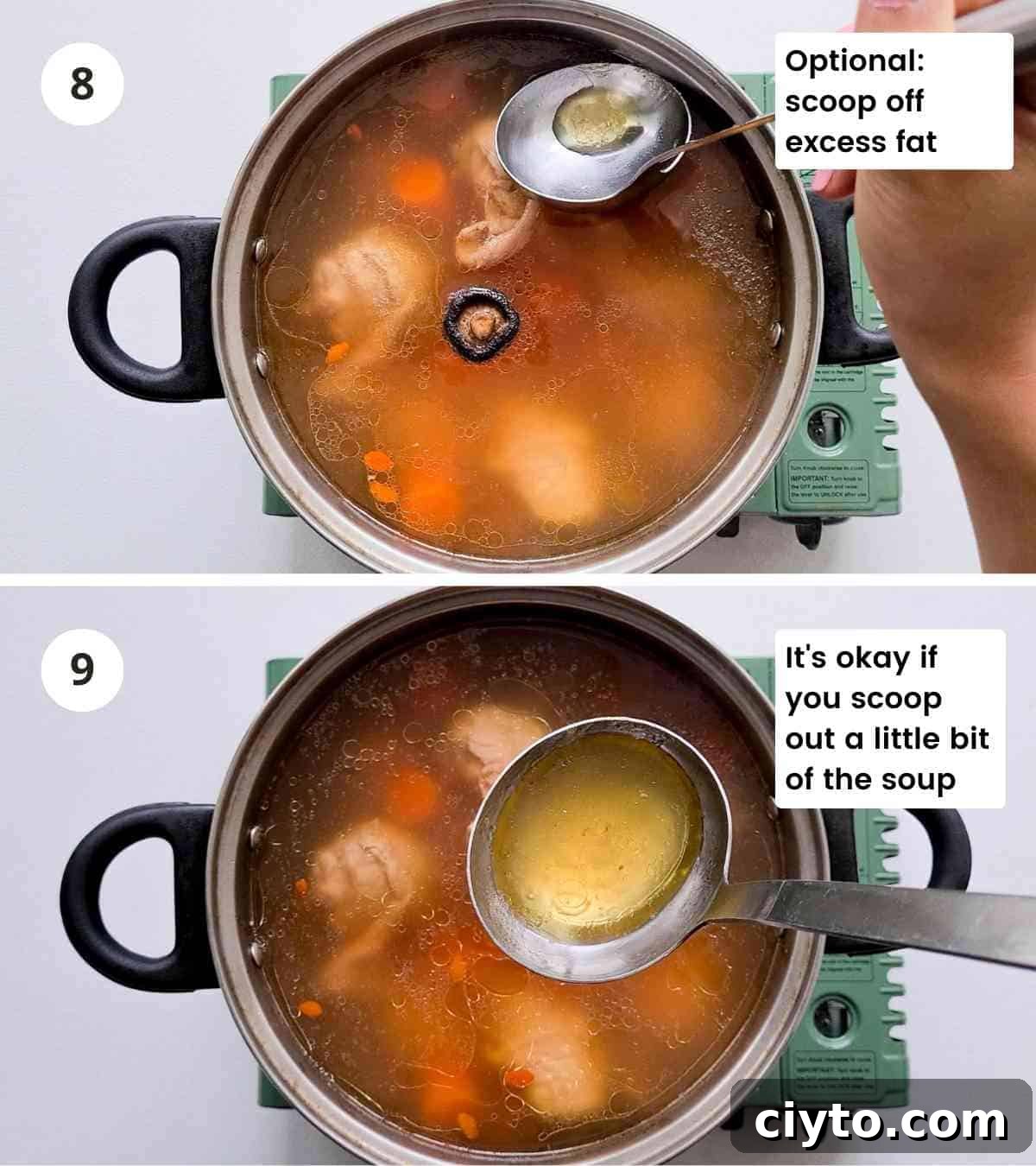2 step how to collage of scooping out fat from clear soup with captions