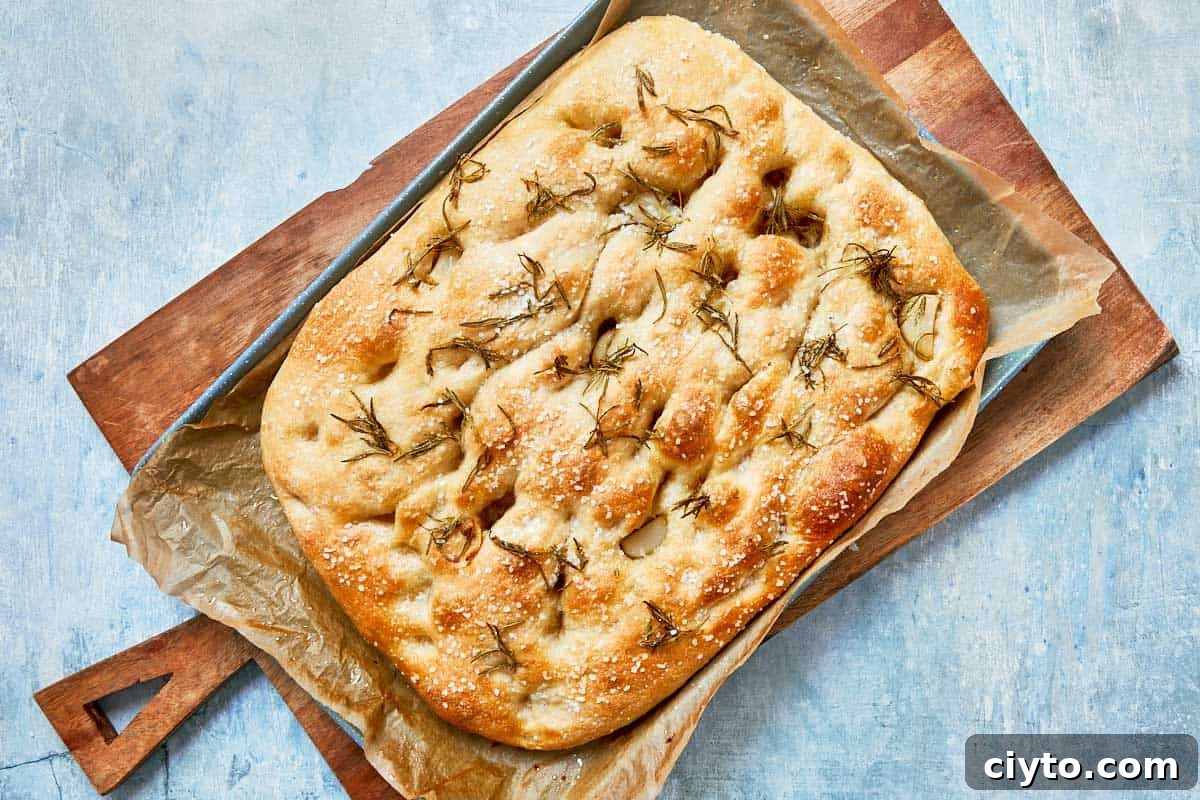 Golden-brown baked focaccia fresh out of the oven, topped with rosemary.