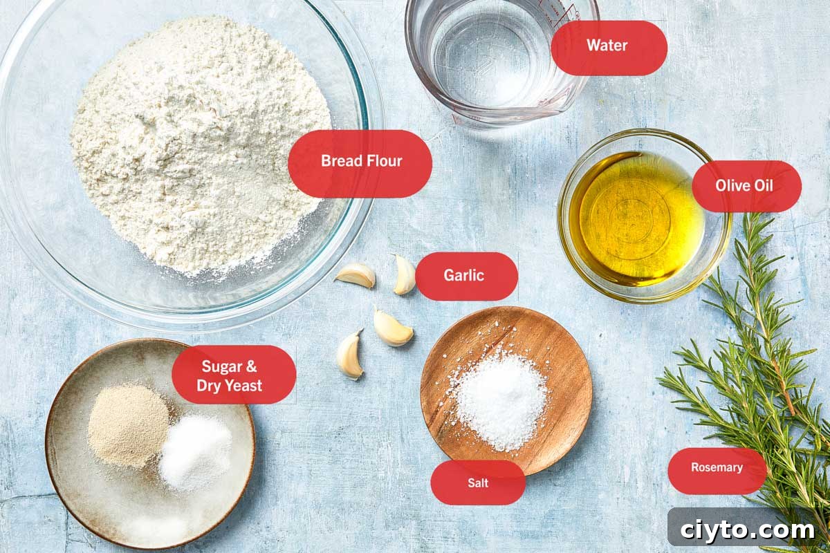 Flat lay of labeled focaccia ingredients