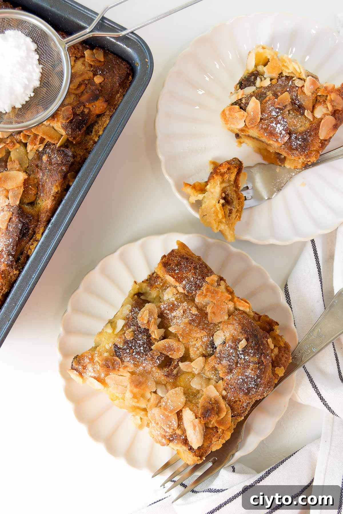 two slices of panettone bread pudding on scalloped plates next to a baking dish
