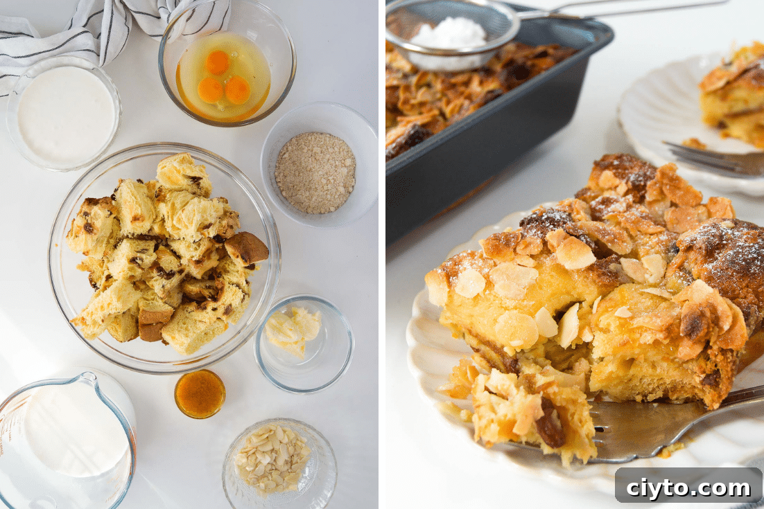 collage of two images showing panettone in a bowl surrounded by other ingredients and a slice of the bread pudding from the side