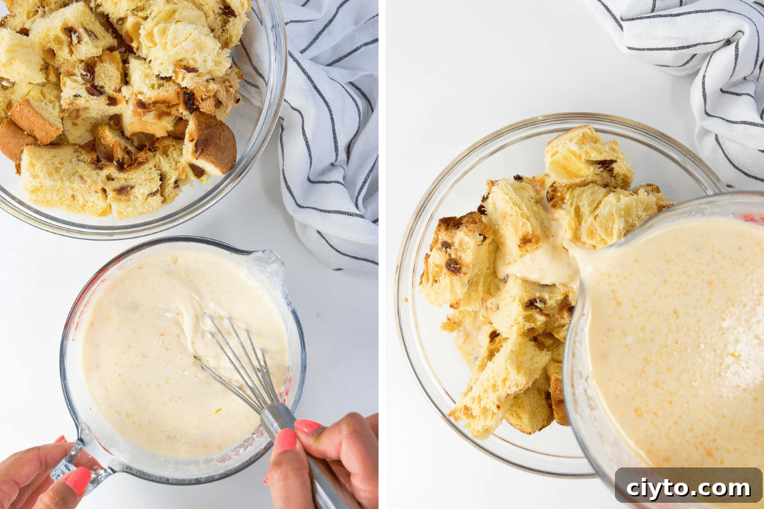 collage of two images showing how to make the custard and the pouring of the custard over panettone in a bowl