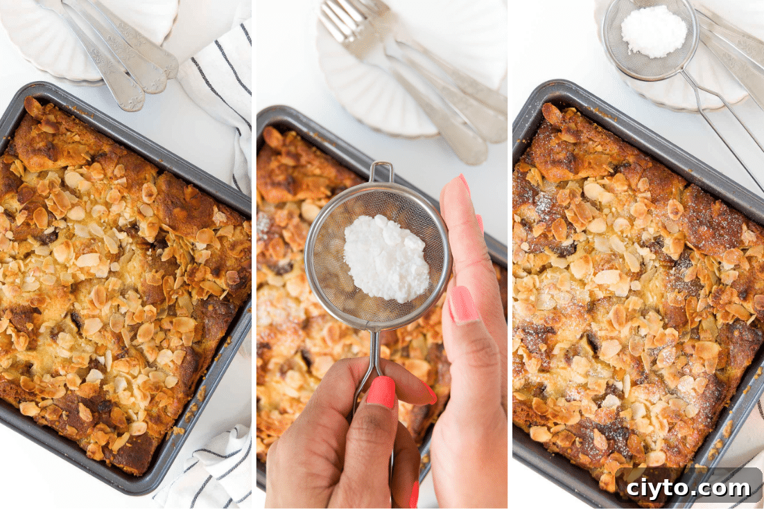 collage of three images showing the baked panettone bread pudding and it being sprinkled with powdered sugar from above