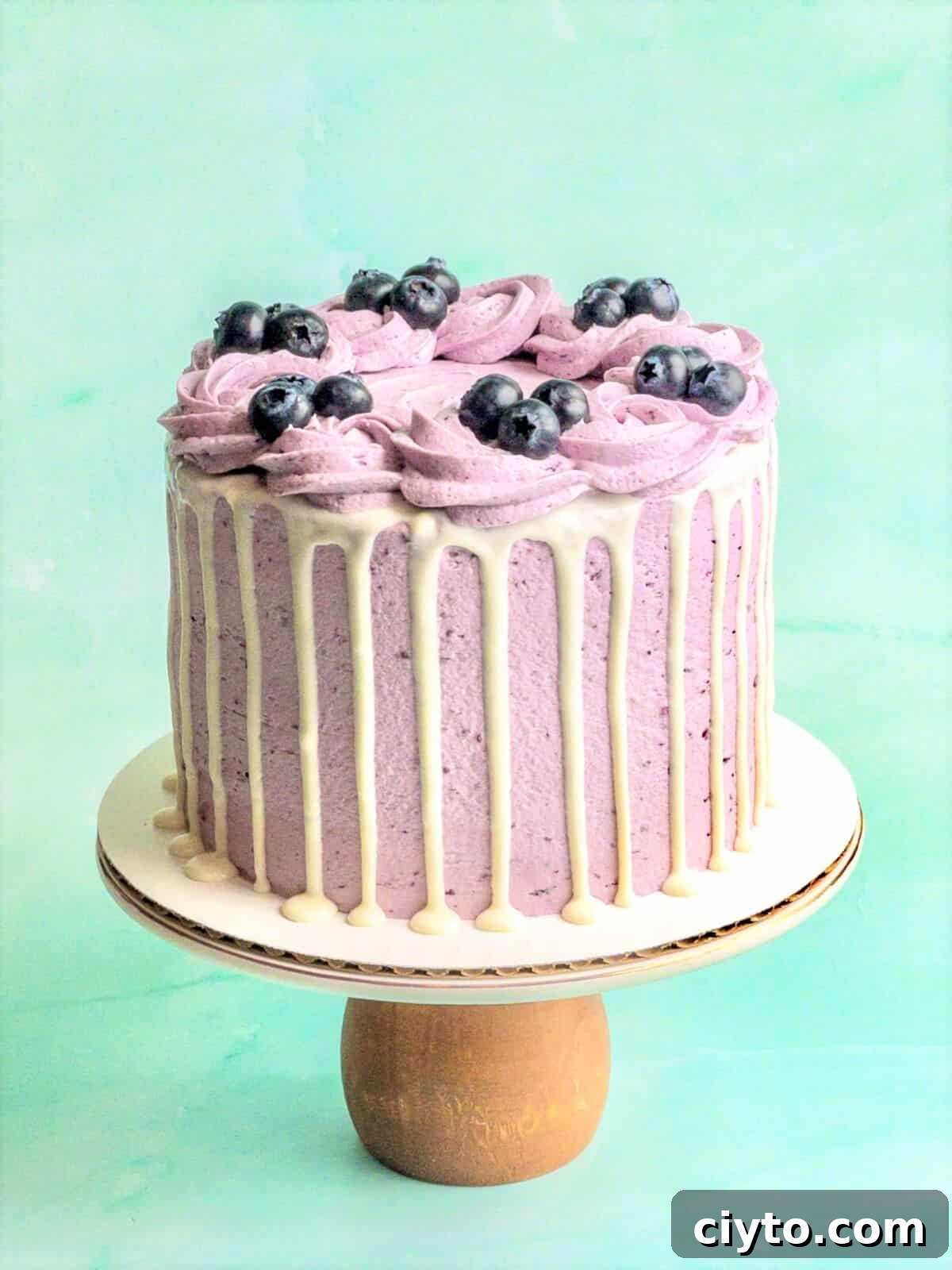 A blueberry cake on a cake stand with white chocolate ganache drizzle and fresh blueberries decorating it.