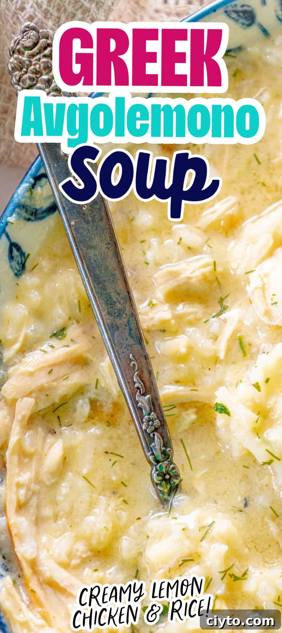 Authentic Greek Avgolemono Soup Recipe 8 A bowl of Greek avgolemono soup with chicken and rice.