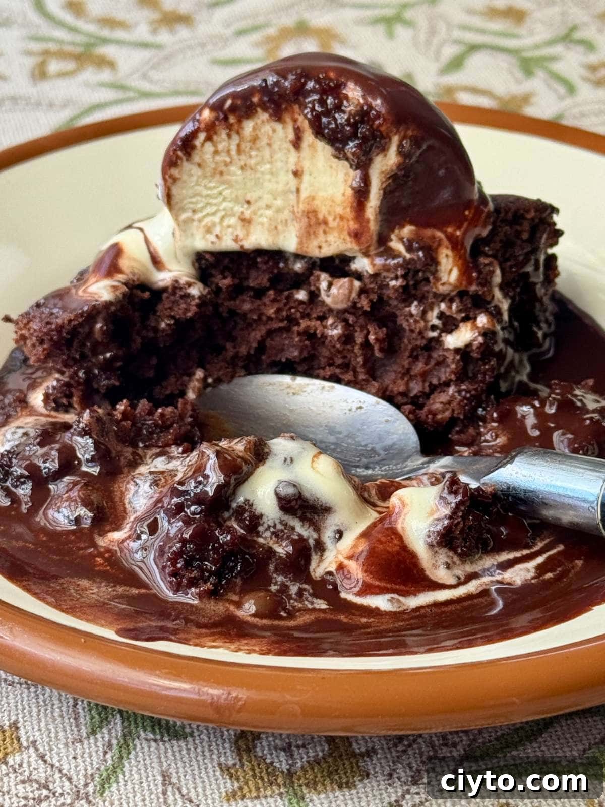 Chocolate Self-Saucing Pudding Recipe 3 self saucing chocolate pudding on a plate with ice cream.