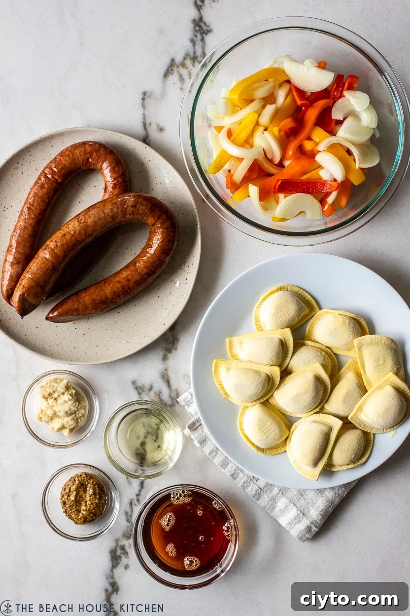 Ingredients for Pierogies with Kielbasa, Peppers and Onions