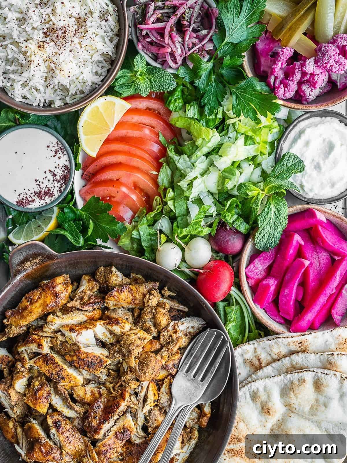 Chicken shawarma platter with all the sides and toppings.