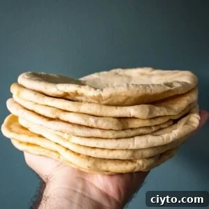 A stack of pita bread held in a hand.